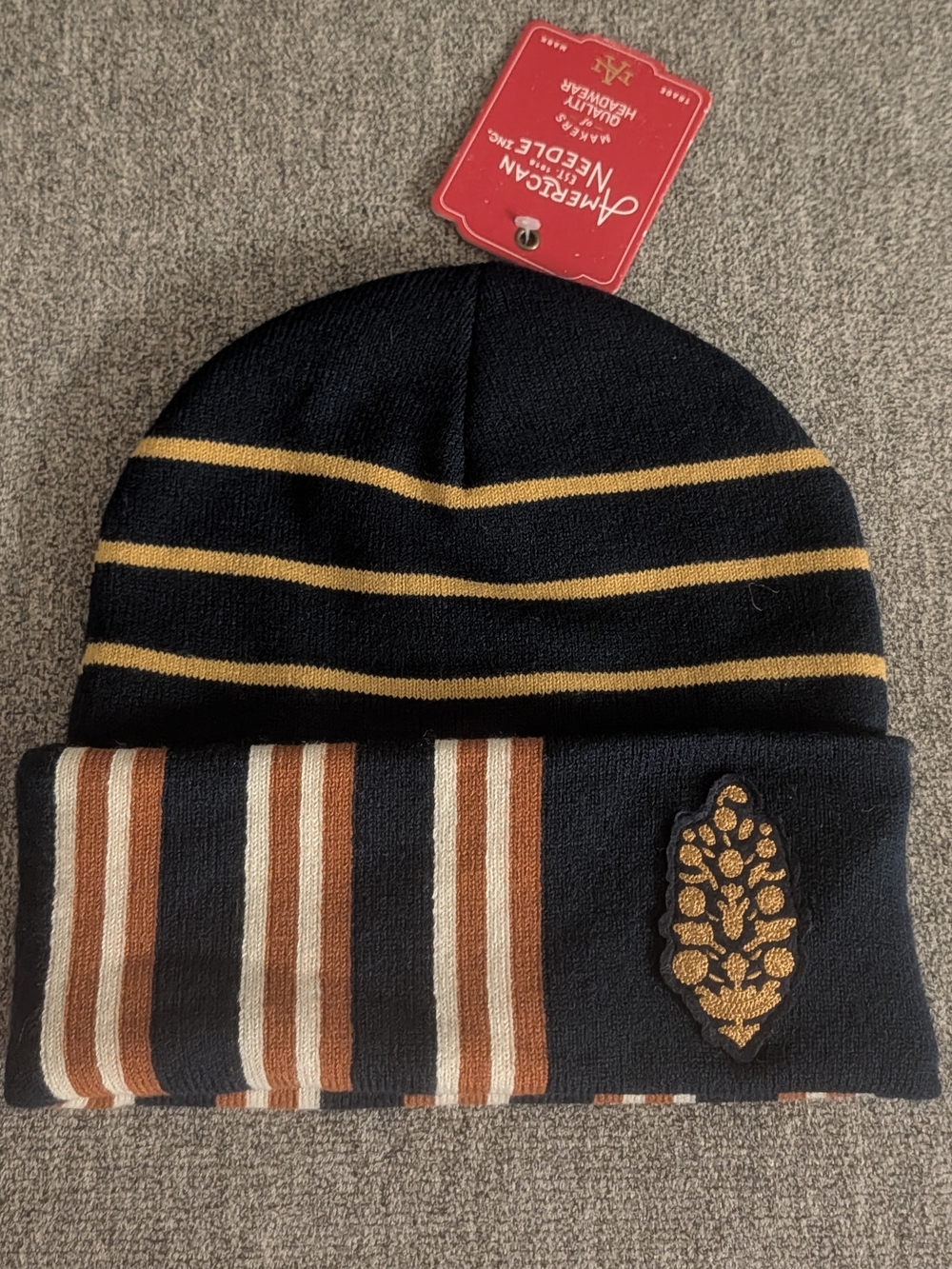 Free People Navy Blue Beanie w/ Mustard & Rust Colored Stripes Winter Hat